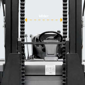 The new design mast provides broad forward visibility due to outside located hydraulic pipes of fork positioner